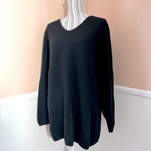 Vintage Black Lambswool Sweater Ribbed V-Neck Large